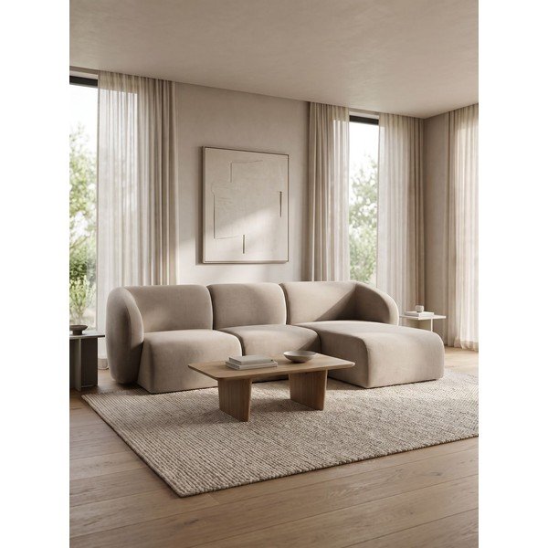 Divano angolare marrone chiaro (con penisola a destra/con chaise lounge) con rivestimento in velluto Lani – Makamii-image-2