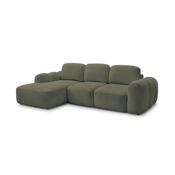 Divano angolare verde allungabile/con contenitore (con penisola a sinistra/con chaise lounge) con rivestimento in bouclé Montaigne – Bobochic Paris-image-3