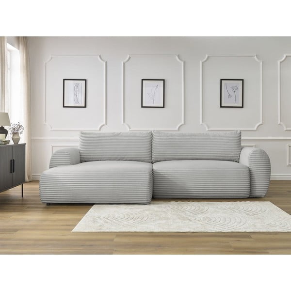 Divano angolare in grigio chiaro allungabile (con penisola a sinistra) con rivestimento in velluto a coste Lucien – Bobochic Paris-image-1