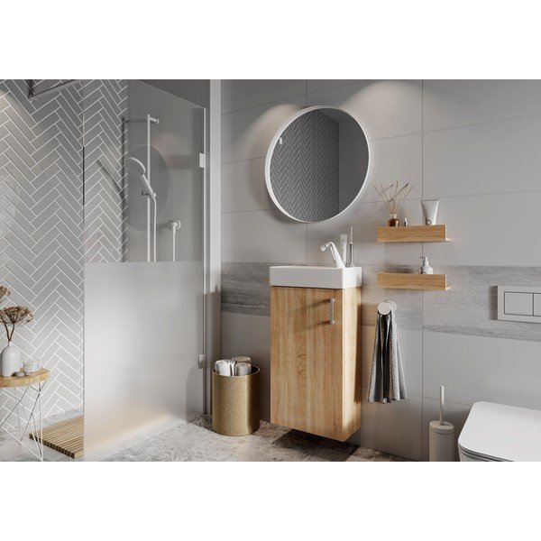 Mobile basso sospeso con lavabo senza miscelatore in rovere decorato in colore naturale 40x79 cm Oia - STOLKAR-image-1