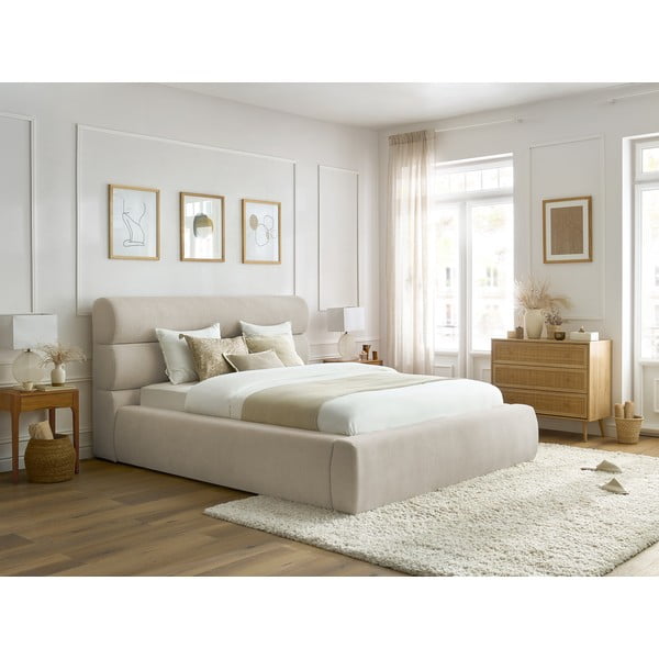 Letto matrimoniale imbottito beige con contenitore con griglia 160x200 cm Jagna - Bobochic Paris-image-1
