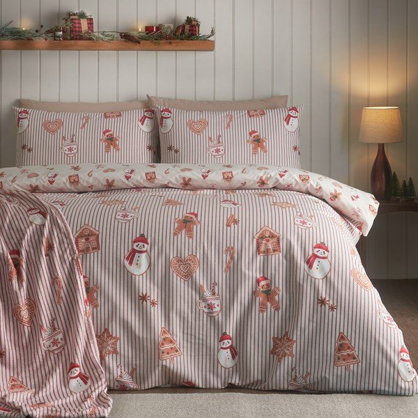 Set copripiumino e federa di colore naturale per letto singolo 135x200 cm Christmas Gingerbread Stripe – Catherine Lansfield-image-3