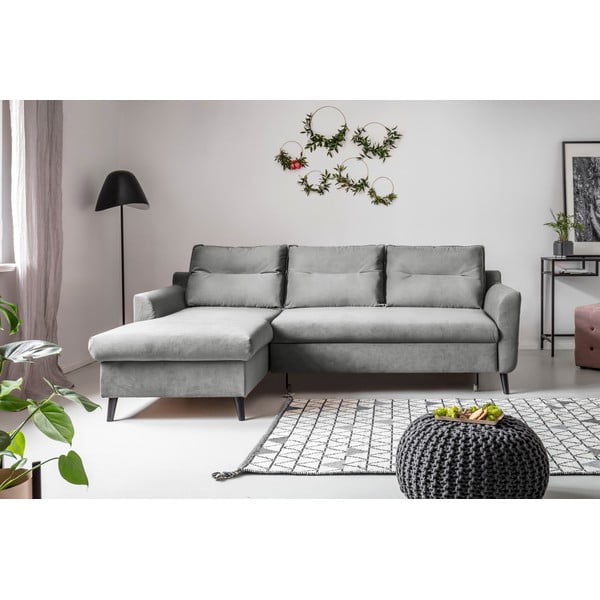 Divano letto angolare in velluto grigio chiaro, angolo sinistro Stylish Stan - Miuform-image-1