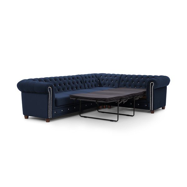 Divano angolare blu allungabile (con penisola a destra/a L) con rivestimento in velluto York Blik – Ropez-image-2