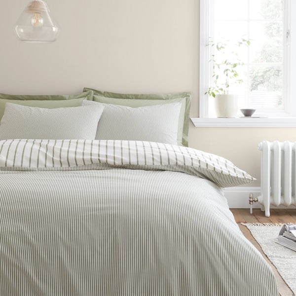 Set copripiumino e federa verde e color crema in cotone per letto singolo 135x200 cm Hampton Stripe – Bianca-image-2