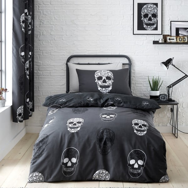 Set copripiumino e federa da bambini grigio scuro per letto singolo 135x200 cm Skulls – Catherine Lansfield-image-1