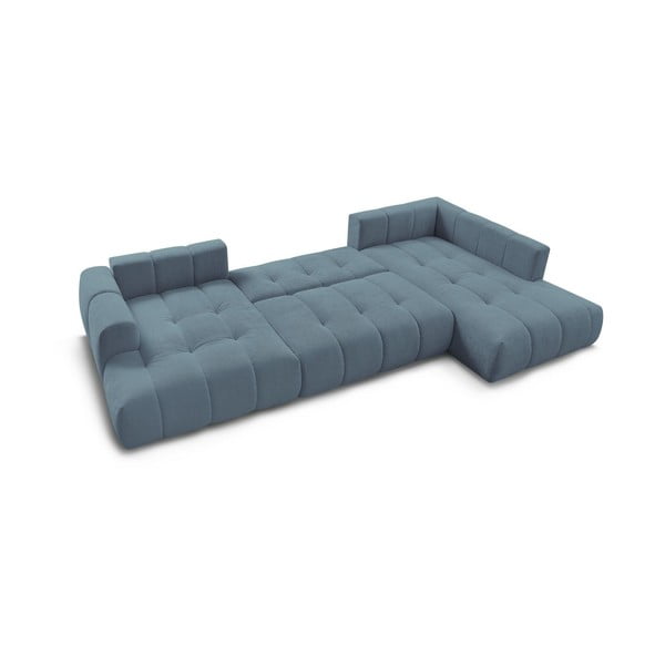 Divano angolare blu allungabile e con contenitore (penisola a destra/a U) con rivestimento in ciniglia Fuji – Bobochic Paris-image-4