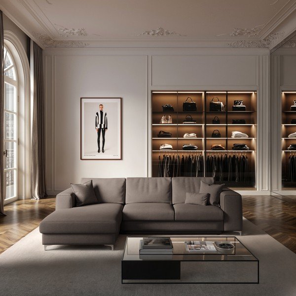 Divano angolare grigio tortora allungabile e con contenitore (con penisola a sinistra e chaise lounge) rivestito in velluto Rene – Rodier-image-1