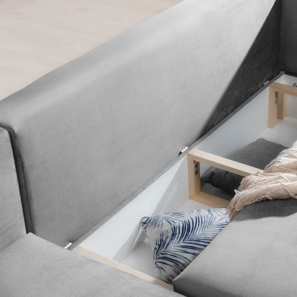 Divano angolare grigio chiaro allungabile/con contenitore (con penisola a sinistra/con chaise lounge) e rivestimento in velluto Dalia – ELTAP-image-1