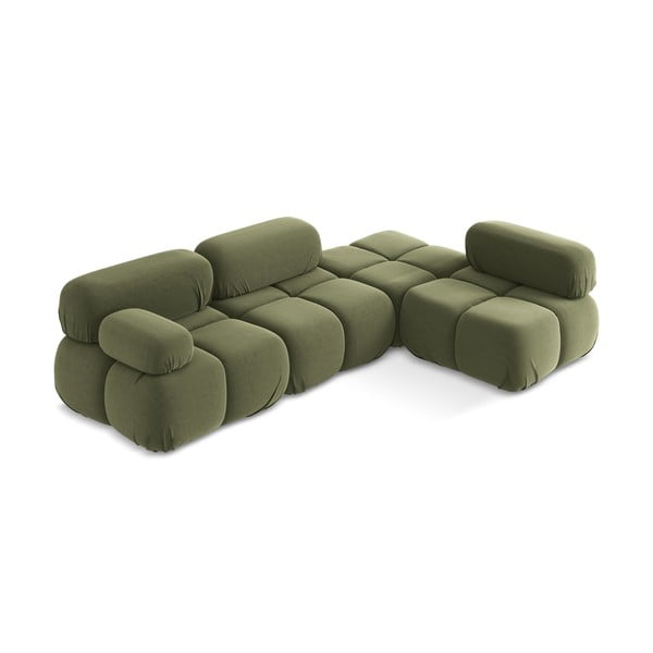 Divano angolare componibile verde chiaro (con penisola a destra) con rivestimento in velluto Lokua – Makamii-image-2