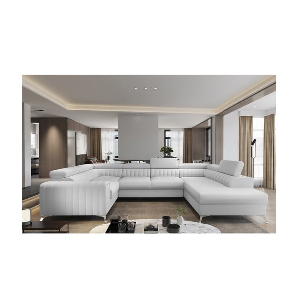 Divano angolare bianco allungabile/con contenitore (con penisola a destra/a U) e rivestimento in finta pelle Louis – ELTAP-image-1