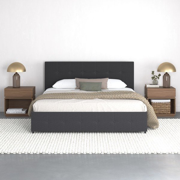 Letto matrimoniale imbottito grigio scuro con spazio contenitivo 180x200 cm Rose - Støraa-image-3