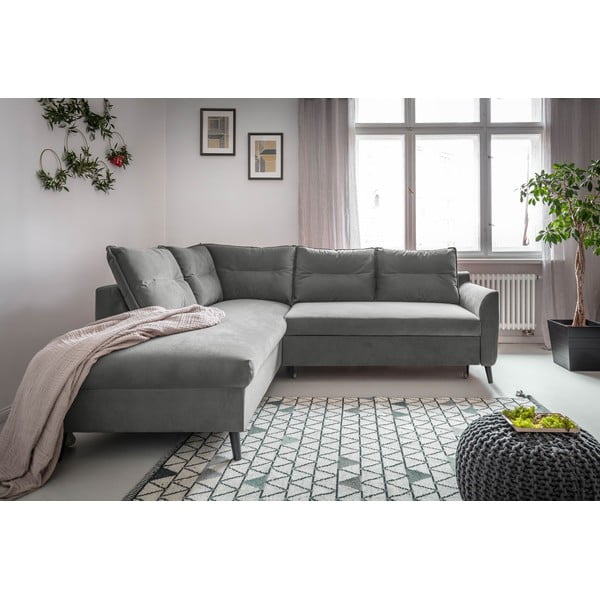 Divano letto angolare in velluto grigio chiaro L, angolo sinistro Stylish Stan - Miuform-image-1