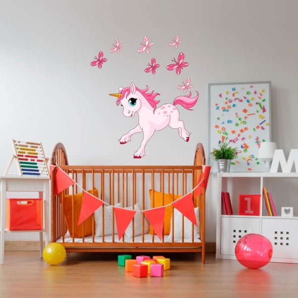 Adesivi murali per bambini Unicorno rosa e papillons - Ambiance-image-2