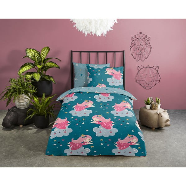 Set copripiumino e federa da bambini color petrolio in cotone per culla 120x150 cm Princesse – Good Morning-image-1