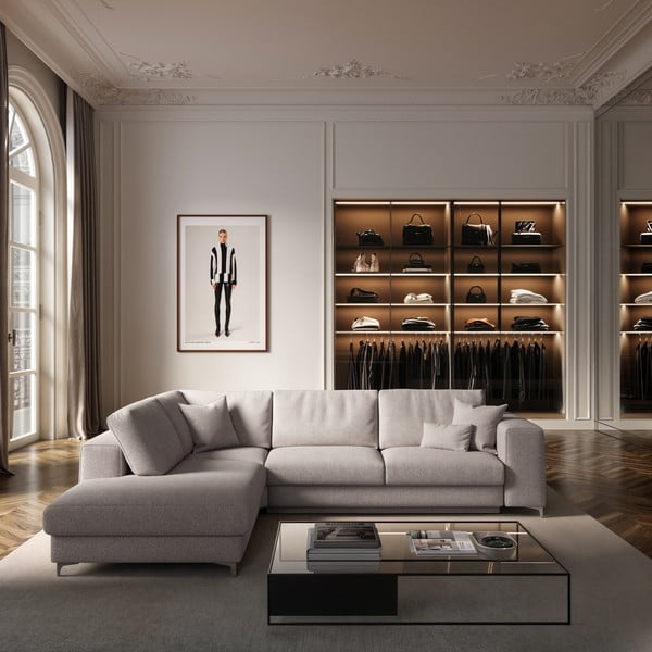 Divano angolare grigio chiaro allungabile e con contenitore (con penisola a sinistra e forma a L) rivestito in bouclé Rene – Rodier-image-1