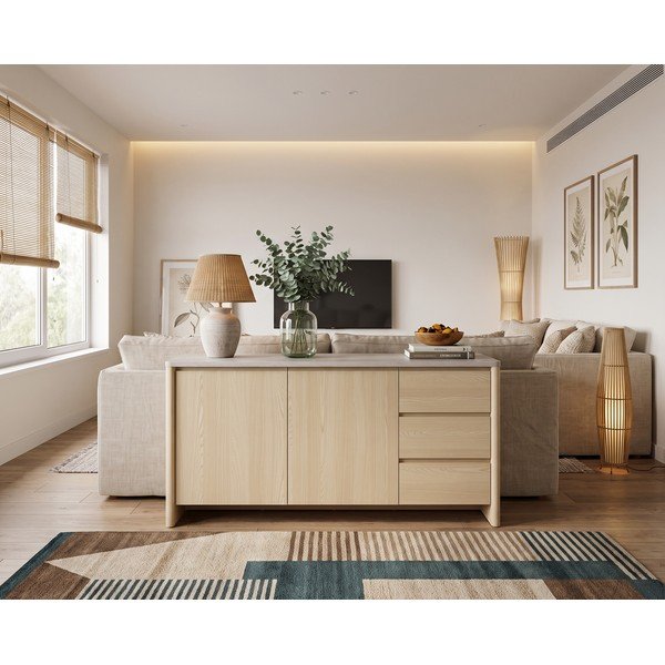 Credenza bianca/colore naturale chiaro con effetto rovere 163x80x45 cm Dore – Marckeric-image-1