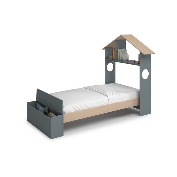 Letto da bambini a forma di casa di colore naturale/verde polveroso con effetto pino con contenitore con rete inclusa 90x190 cm Odessa – Marckeric-image-3