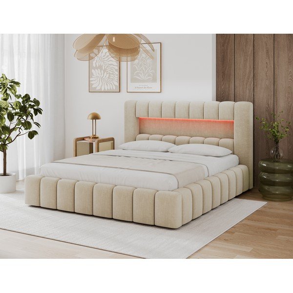 Letto matrimoniale imbottito beige con contenitore con rete inclusa 140x200 cm Lamica – ELTAP-image-3