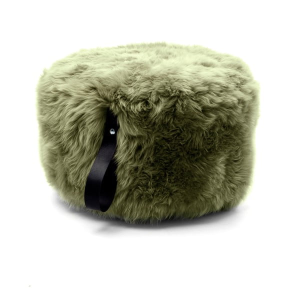 Pouf in pelle di pecora verde oliva con passante nero, Ø 60 cm - Royal Dream