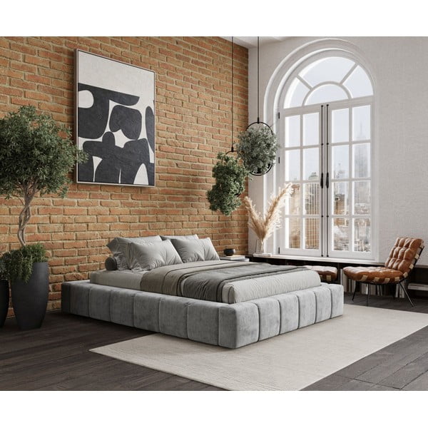 Letto matrimoniale imbottito grigio chiaro con spazio contenitivo e rete 200x200 cm Aruba L - Maison de Rêve-image-4