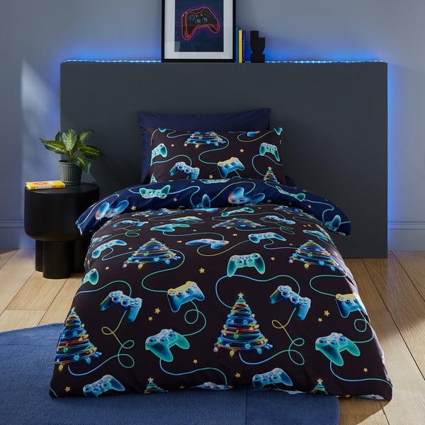 Set copripiumino e federa nero e blu per letto matrimoniale 200x200 cm Christmas Gamer – Catherine Lansfield-image-1