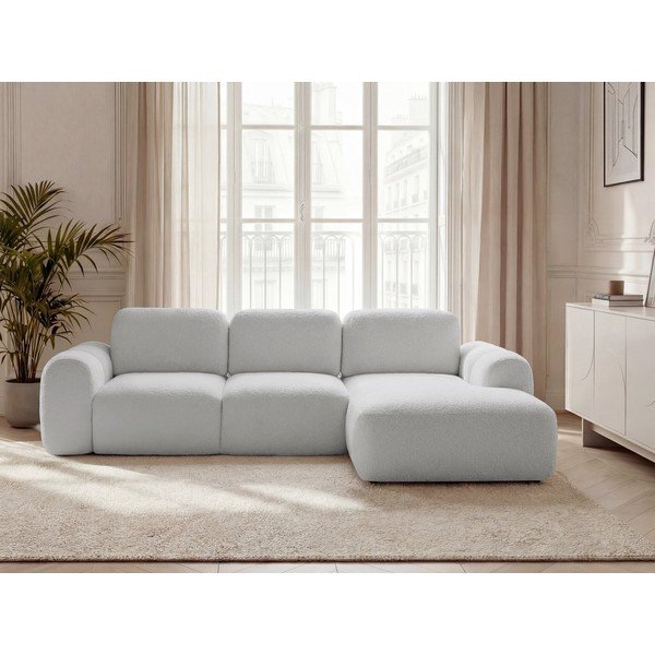 Divano angolare grigio chiaro allungabile/con contenitore (con penisola a destra/con chaise lounge) con rivestimento in bouclé Montaigne – Bobochic Paris-image-1