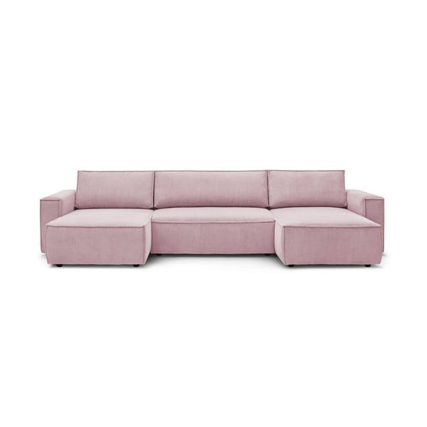 Divano letto angolare a "U" in velluto a coste rosa chiaro Nihad - Bobochic Paris