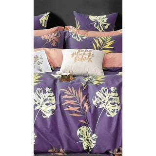 Biancheria da letto in cotone per letto matrimoniale con lenzuolo 200x220 cm, viola, estesa a quattro pezzi Leaves - Mila Home