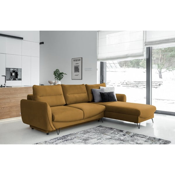 Divano angolare giallo allungabile/con contenitore (con penisola a destra/con chaise lounge) e rivestimento in velluto Silva – ELTAP-image-1