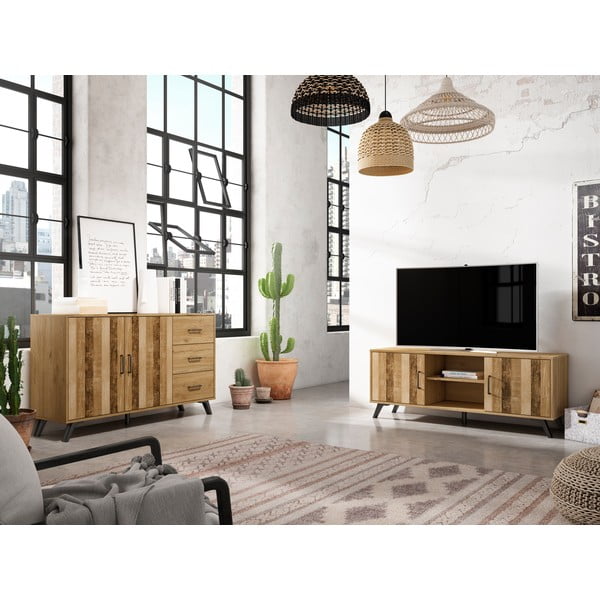 Cassettiera bassa in rovere decorato in colore naturale 136x81 cm Nordic - Marckeric-image-4