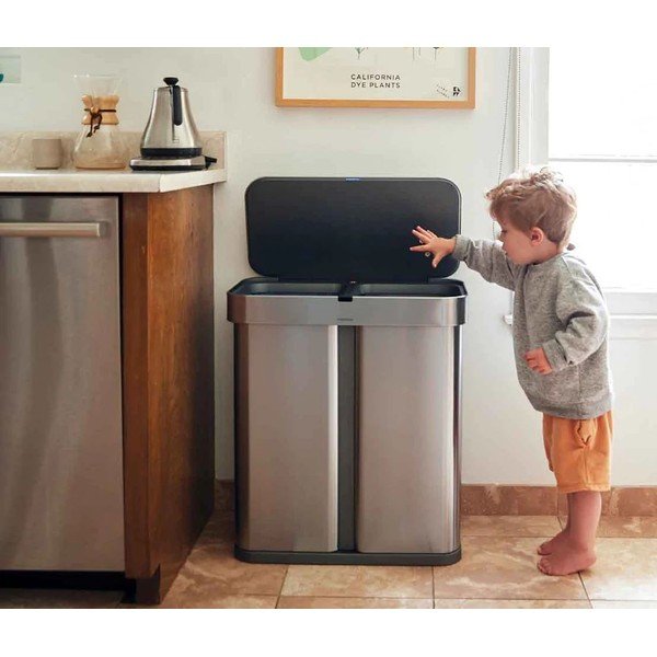 Bidone senza contatto in acciaio inox per rifiuti differenziati 58 l Dual - simplehuman-image-1