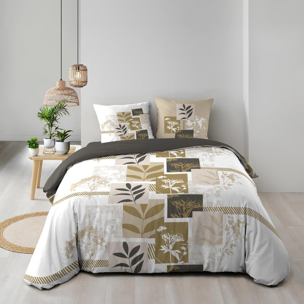 Set copripiumino e federa bianco/marrone in cotone per letto matrimoniale ed esteso 240x220 cm Utopia – douceur d'intérieur | Biancheria da letto
