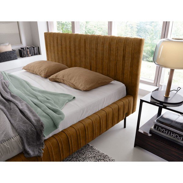 Letto matrimoniale imbottito giallo ocra con contenitore e rete inclusi 180x200 cm Plissa – ELTAP-image-3