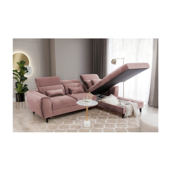 Divano angolare rosa allungabile/con contenitore (con penisola a destra/con chaise lounge) e rivestimento in velluto Foble – ELTAP-image-4