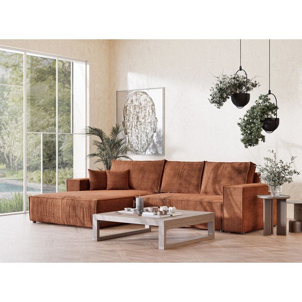 Divano angolare color rame allungabile/con contenitore (con penisola a sinistra/con chaise lounge) con rivestimento in ciniglia Maze – Maison de Rêve-image-1
