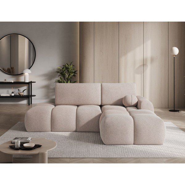 Divano angolare marrone chiaro allungabile/con contenitore (con penisola a destra/con chaise lounge) con rivestimento in bouclé Vittario – ELTAP-image-1