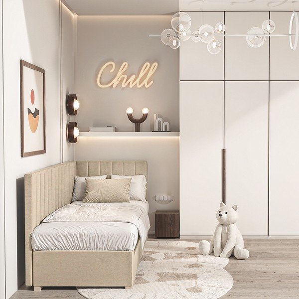 Letto da bambini con sponde beige con contenitore con materasso incluso 90x200 cm Snugi – Ghado-image-1