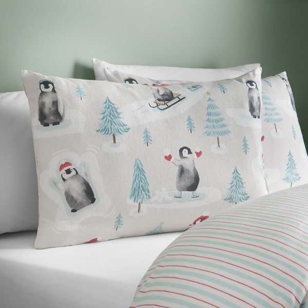 Set copripiumino e federa di colore naturale in flanella per letto singolo 135x200 cm Brushed Christmas Penguins – Catherine Lansfield-image-3