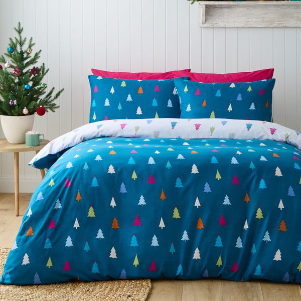 Biancheria da letto singola in microfibra bianca e blu 135x200 cm Christmas Tree - Catherine Lansfield-image-1