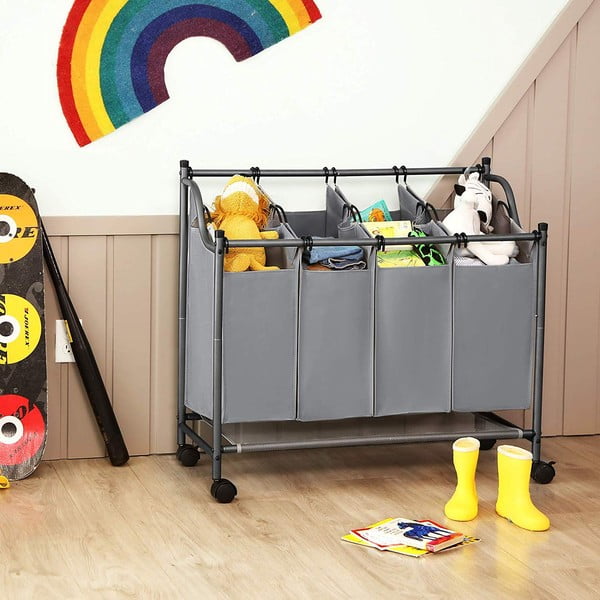 Cesto grigio con ruote e 4 segmenti per il bucato - Songmics-image-1