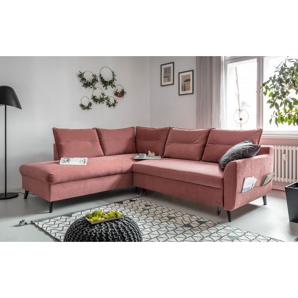 Divano letto angolare in velluto rosa L, angolo sinistro Stylish Stan - Miuform-image-3