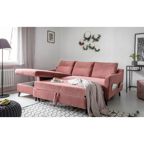 Divano letto angolare in velluto rosa, angolo sinistro Stylish Stan - Miuform-image-4