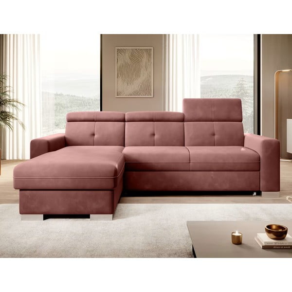 Divano angolare rosa allungabile/con contenitore (con penisola a sinistra/con chaise lounge) e rivestimento in velluto Fresia – ELTAP-image-1