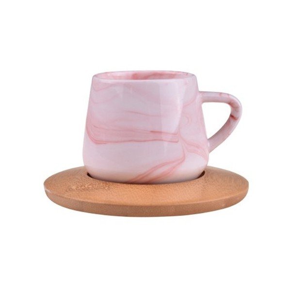 Sada 6 světle růžových porcelánových hrnků s bambusovými podtácky Bambum Ebru-image-1