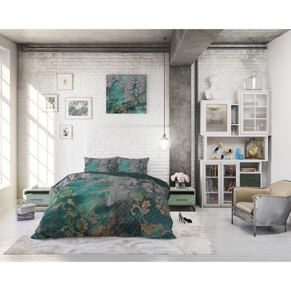 Biancheria da letto singola in cotone verde Tiran Flower, 140 x 200 cm - Pure Cotton-image-3