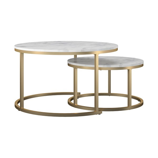 Set di tavolini da salotto rotondi bianchi/dorati con effetto marmo 2 pz ø 79 cm Amelia – CosmoLiving by Cosmopolitan-image-1