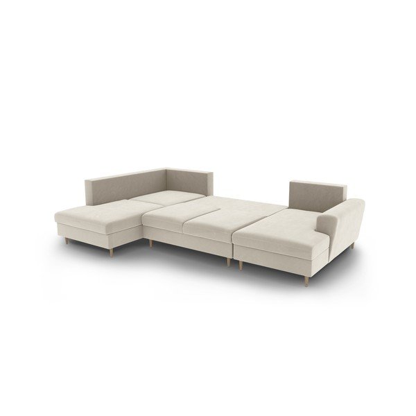 Divano angolare beige allungabile e con contenitore (con penisola a sinistra/a U) con rivestimento in velluto Kyoto – Cosmopolitan Design-image-3