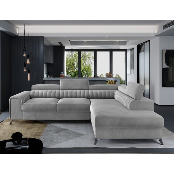 Divano angolare grigio allungabile/con contenitore (con penisola a destra/a L) e rivestimento in velluto Laurence – ELTAP-image-1