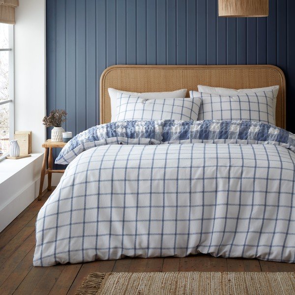 Lenzuola di flanella blu per letto matrimoniale 200x200 cm Gingham Check - Catherine Lansfield-image-1